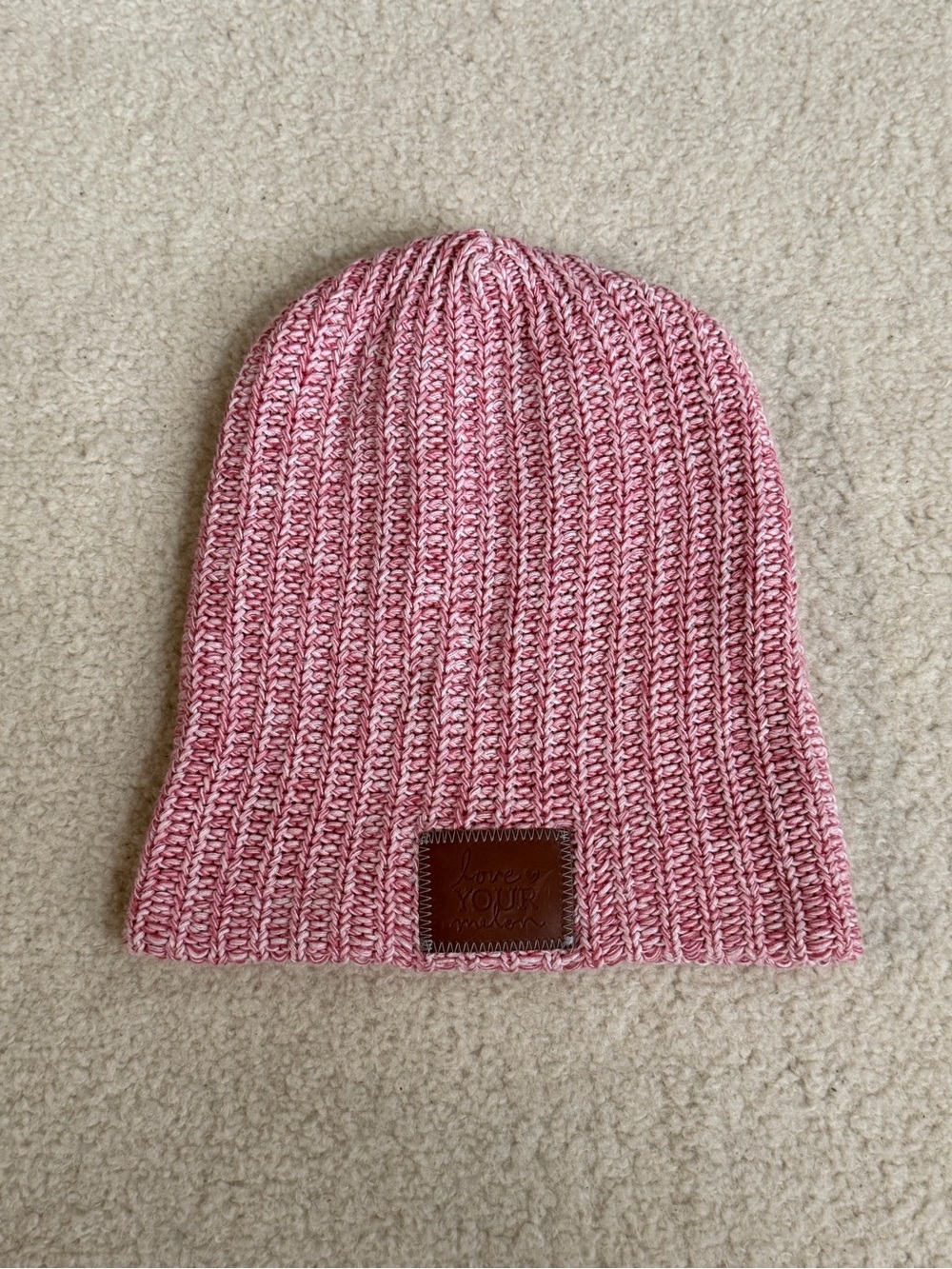 Love Your Melon Pink Knit Beanie with Leather Patch